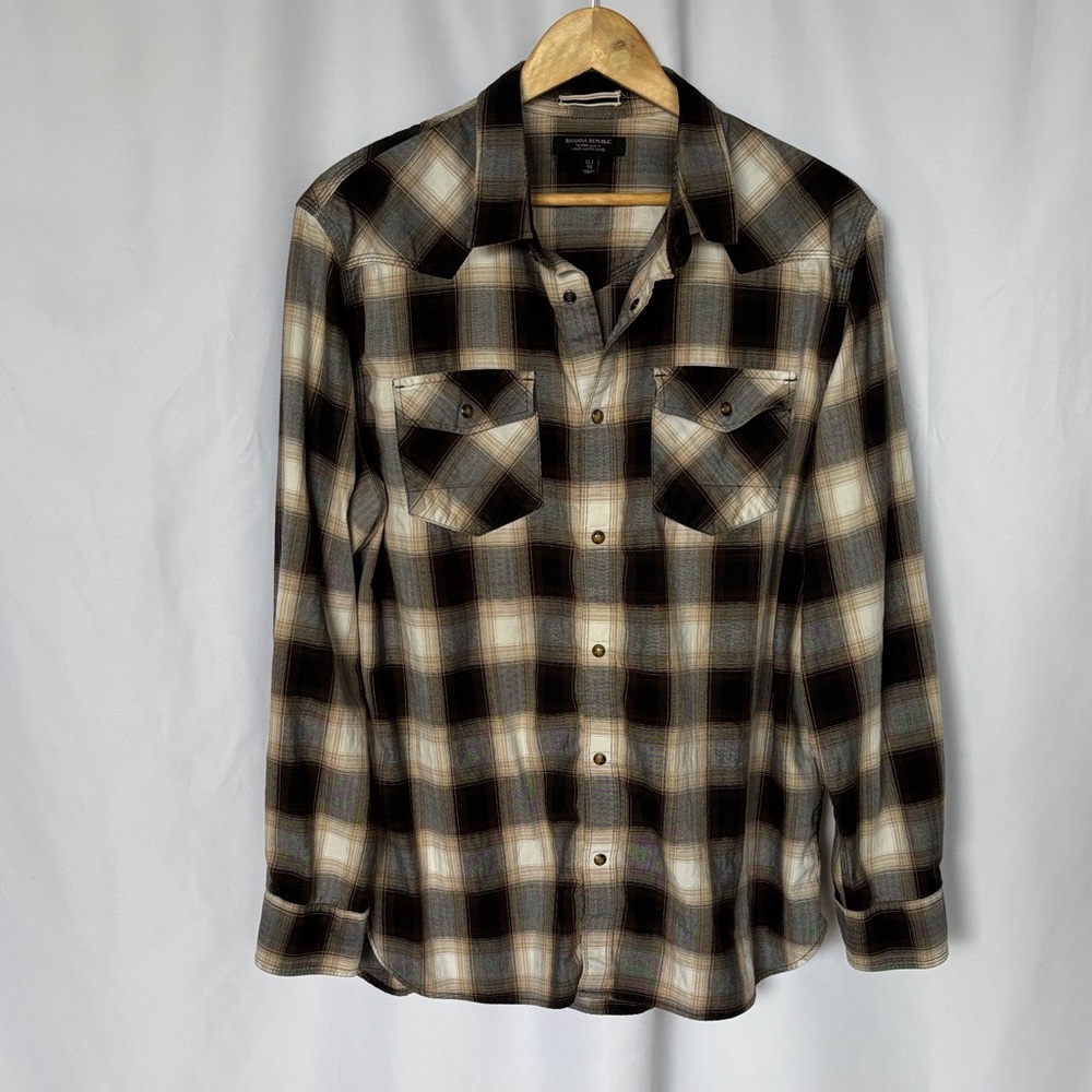 Banana Republic Men's Plaid Western Plaid Pearl Snap Shirt Slim Fit Size XL EUC